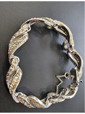 Vintage Baguette Rhinestone Bracelet Scrolled Ribbon Design, 1950s